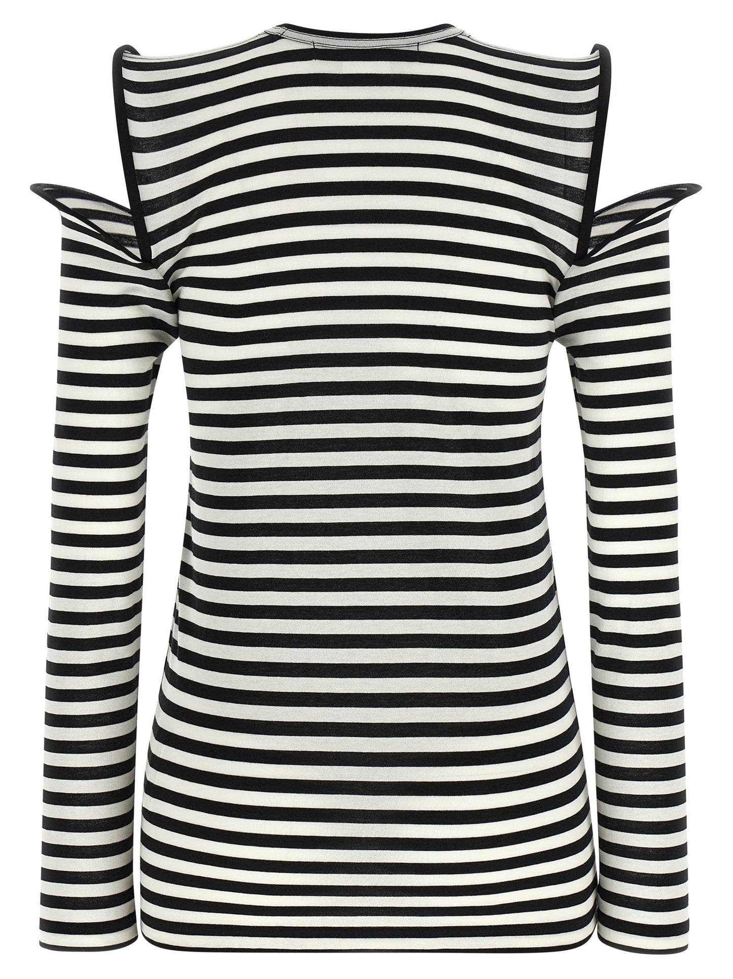 T-Shirt by Junya Watanabe for women in cotton bicolour, black, white & striped showcases a dramatic silhouette, elegantly detailed with a dramatic crew neckline and for a truly dramatic finish.