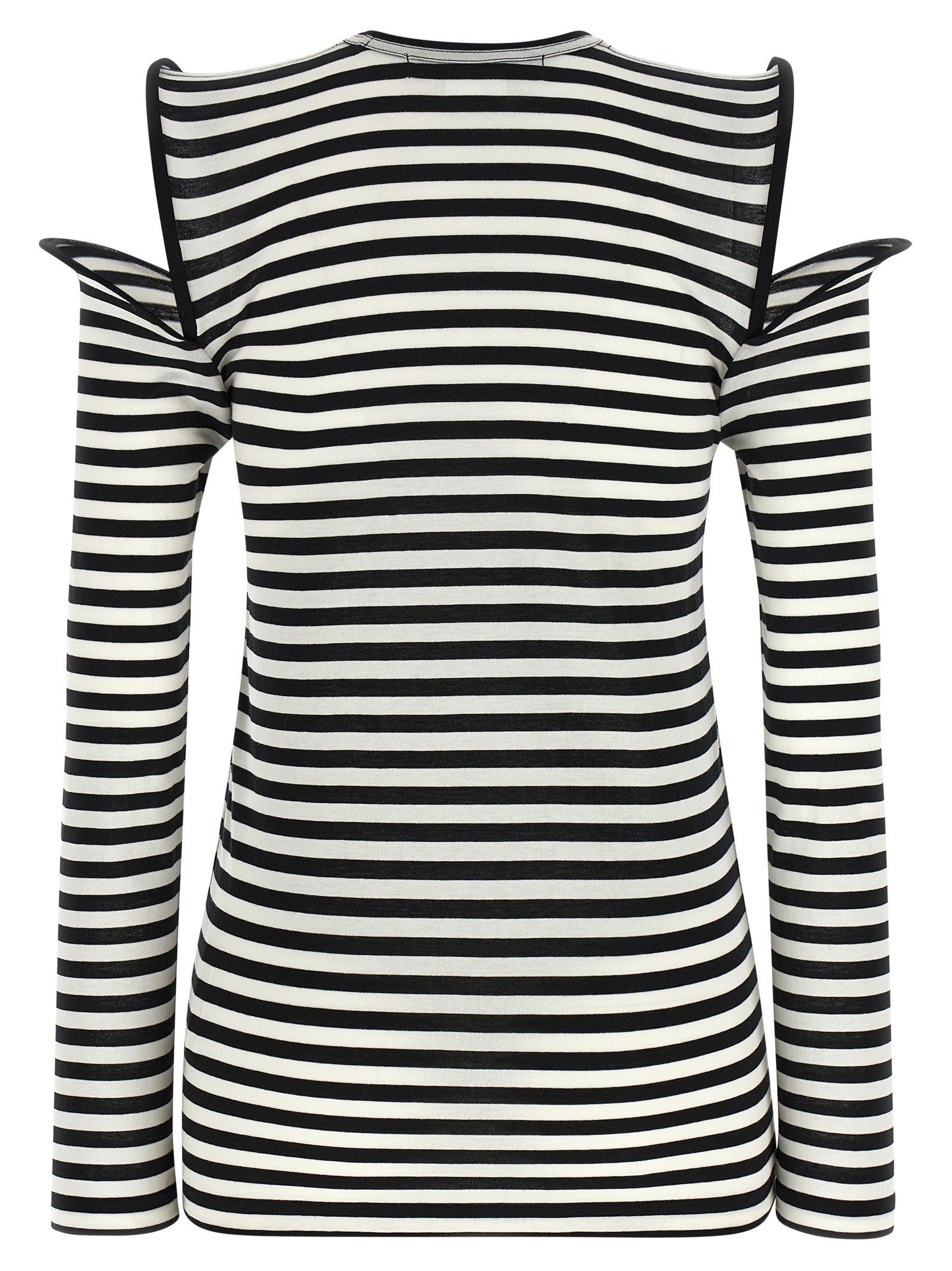 T-Shirt by Junya Watanabe for women in cotton bicolour, black, white & striped showcases a dramatic silhouette, elegantly detailed with a dramatic crew neckline and for a truly dramatic finish.