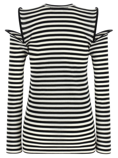 T-Shirt by Junya Watanabe for women in cotton bicolour, black, white & striped showcases a dramatic silhouette, elegantly detailed with a dramatic crew neckline and for a truly dramatic finish.