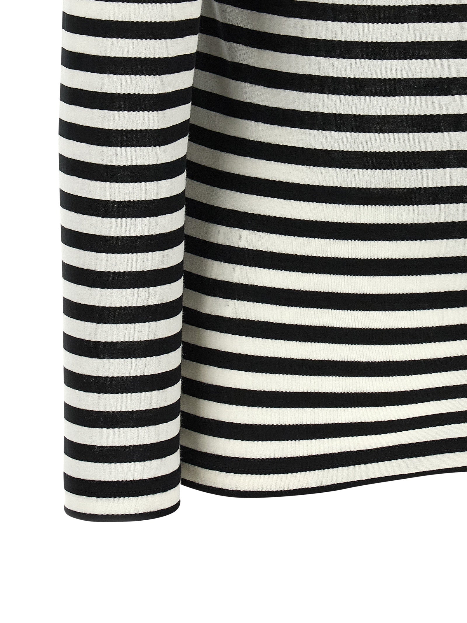 T-Shirt by Junya Watanabe for women in cotton bicolour, black, white & striped showcases a chic silhouette, artfully detailed with a chic and for a chic finish.