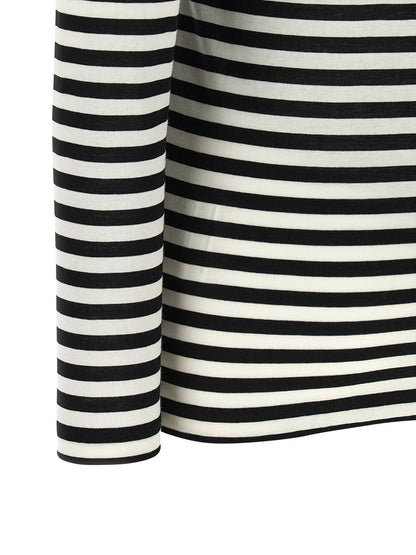 T-Shirt by Junya Watanabe for women in cotton bicolour, black, white & striped showcases a chic silhouette, artfully detailed with a chic and for a chic finish.