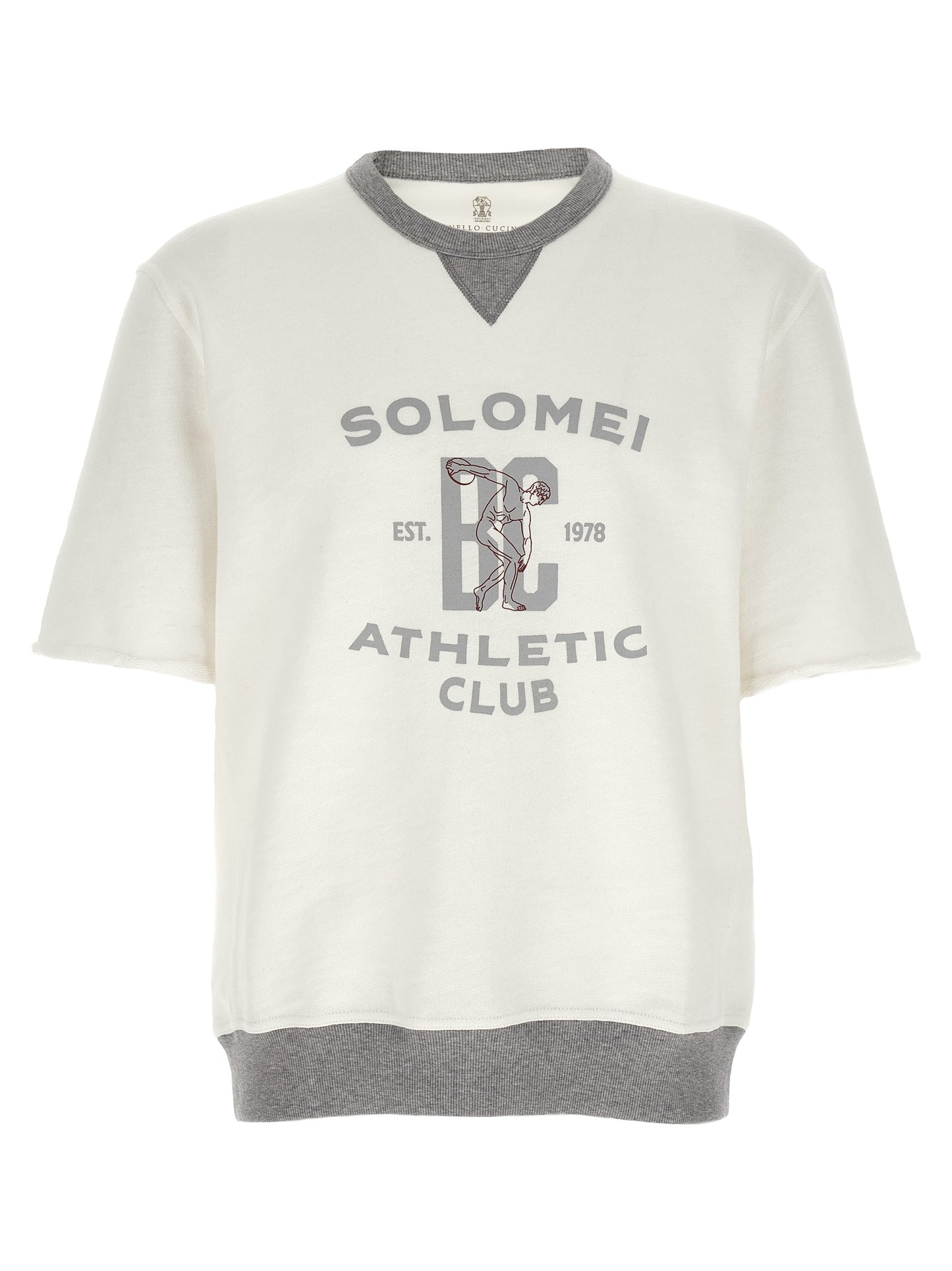 Sweatshirt by Brunello Cucinelli for men in linen & cotton white & print showcases a slouchy chic silhouette, artfully detailed with a slouchy chic crew neckline and short-sleeve for a slouchy chic finish.
