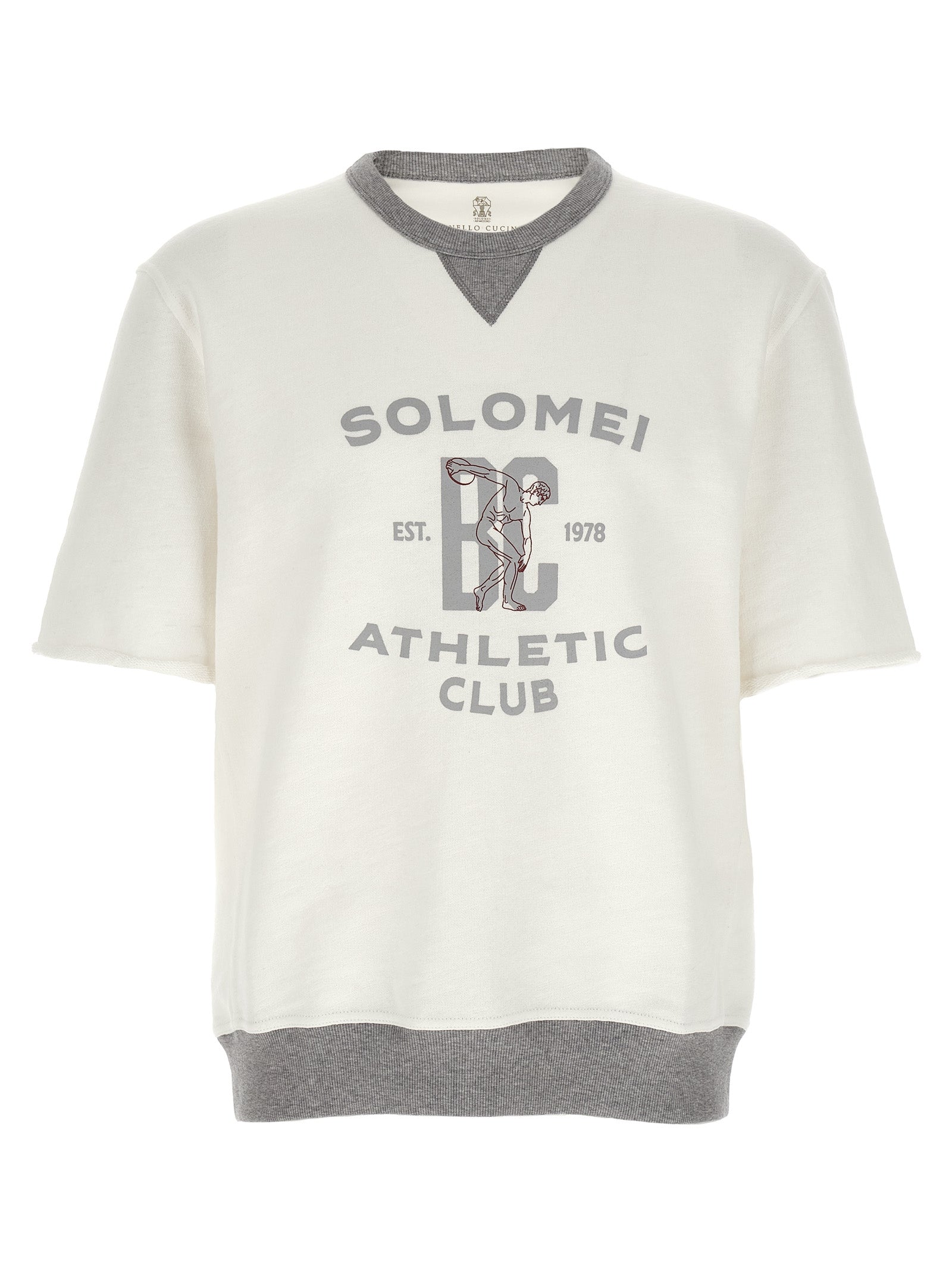 Sweatshirt by Brunello Cucinelli for men in linen & cotton white & print showcases a slouchy chic silhouette, artfully detailed with a slouchy chic crew neckline and short-sleeve for a slouchy chic finish.