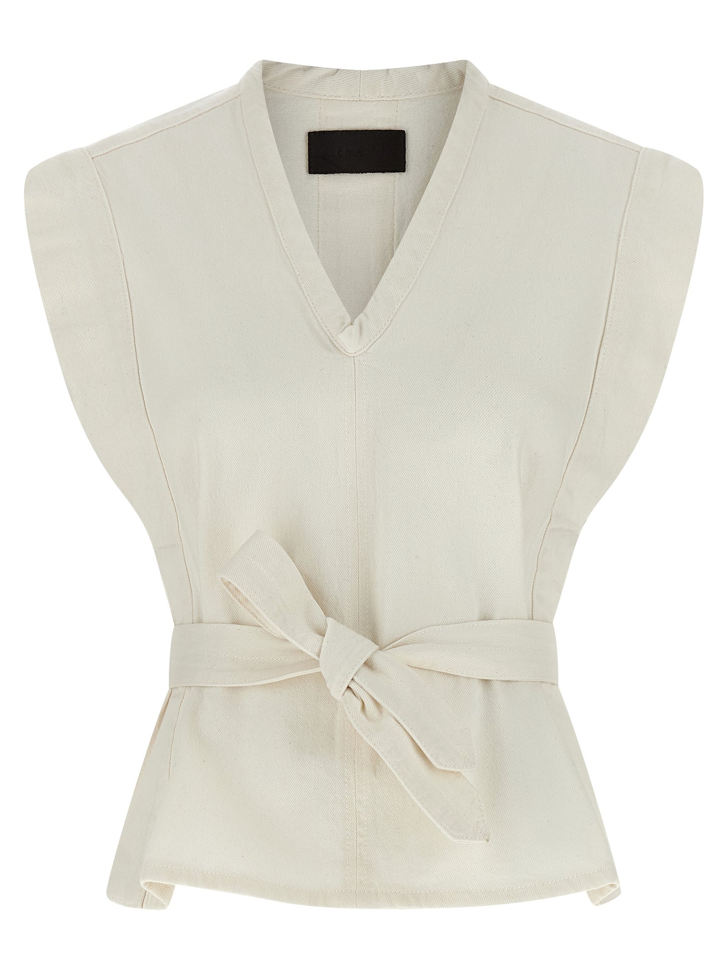 Vest by Lemaire for women in denim cotton twill white showcases a utilitarian silhouette, artfully incorporating and a utilitarian v-neck neckline for a truly utilitarian finish.