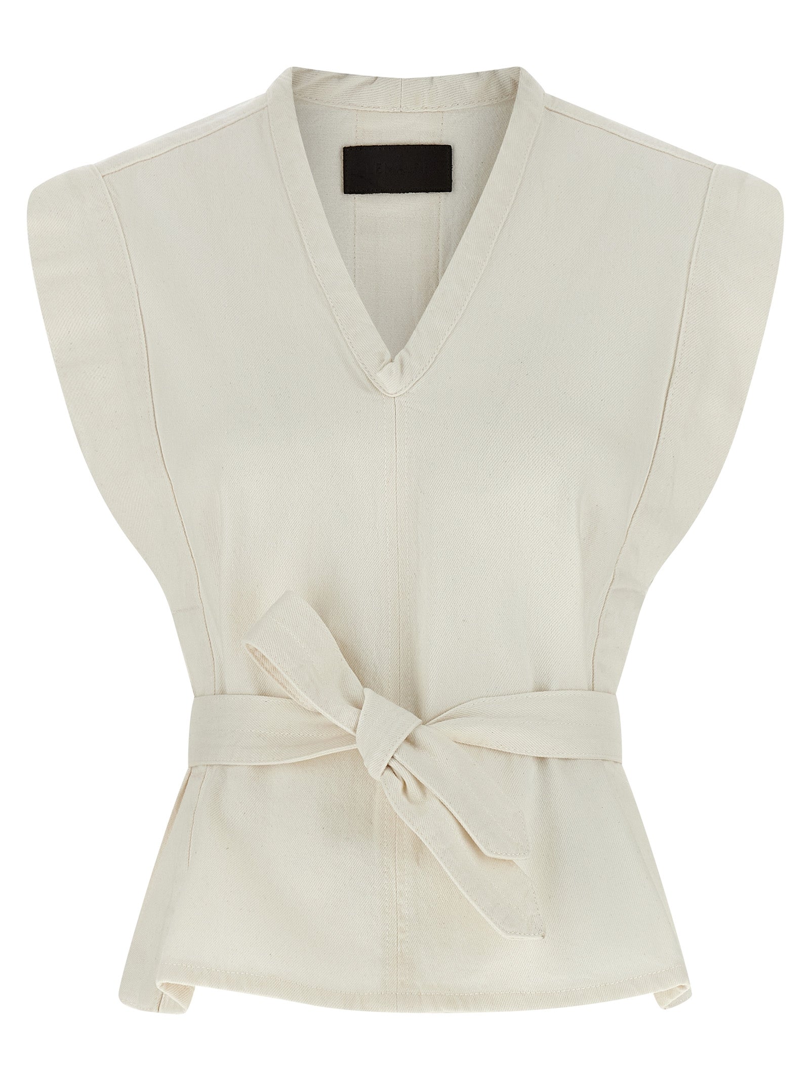 Vest by Lemaire for women in denim cotton twill white showcases a utilitarian silhouette, artfully incorporating and a utilitarian v-neck neckline for a truly utilitarian finish.
