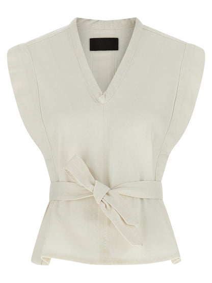 Vest by Lemaire for women in denim cotton twill white showcases a utilitarian silhouette, artfully incorporating and a utilitarian v-neck neckline for a truly utilitarian finish.