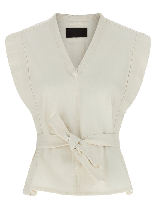 Vest by Lemaire for women in denim cotton twill white showcases a utilitarian silhouette, artfully incorporating and a utilitarian v-neck neckline for a truly utilitarian finish.