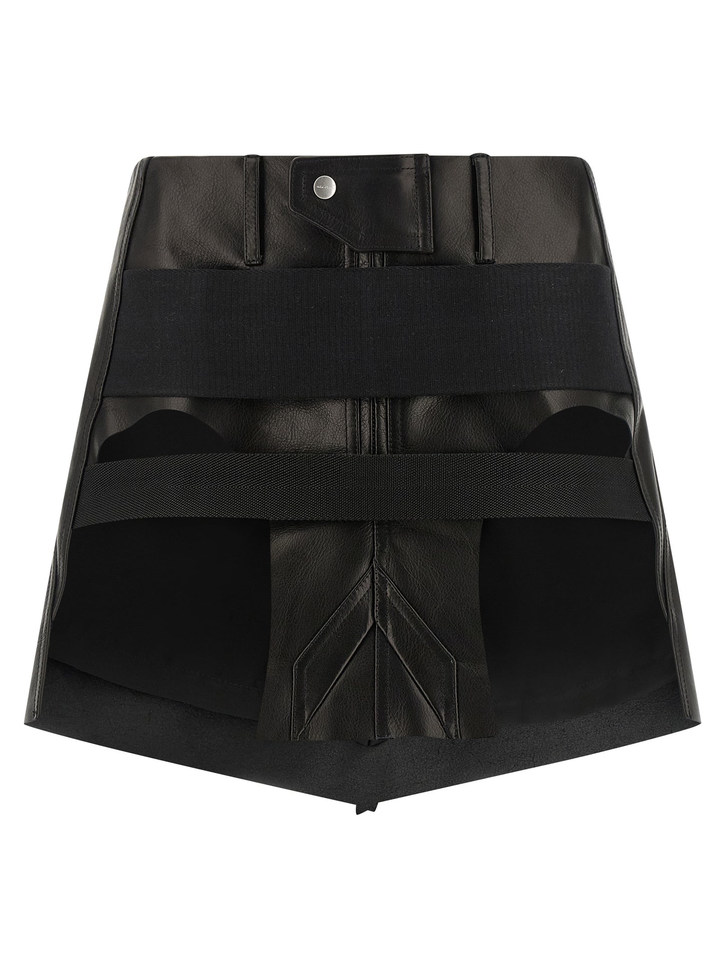 Skirt by Rick Owens for women in calfskin leather black features a captivating silhouette, showcasing the captivating Ribbon Women's Asymmetrical Calfskin Leather Mini Long Skirt design with a sophisticated mini long for a captivating look.