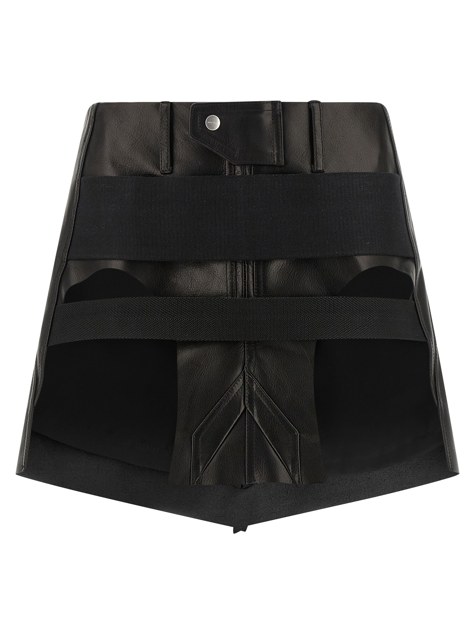 Skirt by Rick Owens for women in calfskin leather black features a captivating silhouette, showcasing the captivating Ribbon Women's Asymmetrical Calfskin Leather Mini Long Skirt design with a sophisticated mini long for a captivating look.