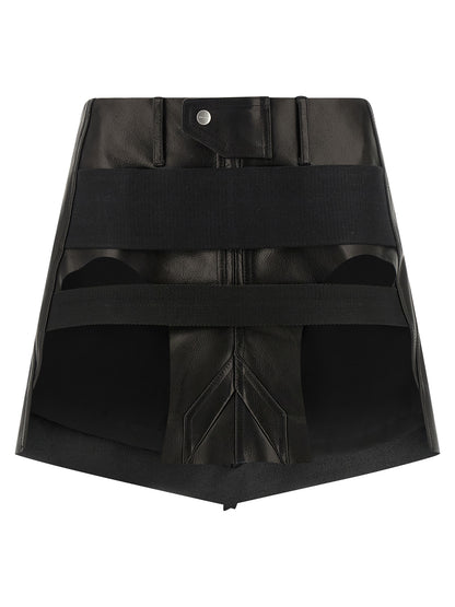 Skirt by Rick Owens for women in calfskin leather black features a captivating silhouette, showcasing the captivating Ribbon Women's Asymmetrical Calfskin Leather Mini Long Skirt design with a sophisticated mini long for a captivating look.