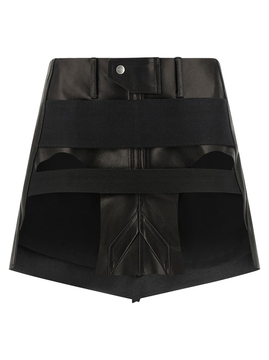 Skirt by Rick Owens for women in calfskin leather black features a captivating silhouette, showcasing the captivating Ribbon Women's Asymmetrical Calfskin Leather Mini Long Skirt design with a sophisticated mini long for a captivating look.
