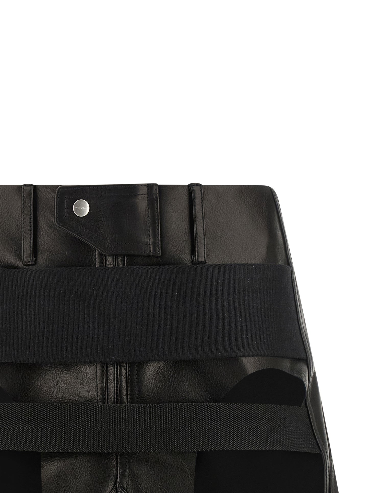 Skirt by Rick Owens for women in calfskin leather black showcases a dramatic silhouette, artfully capturing the essence of the Ribbon Women's Asymmetrical Calfskin Leather Mini Long Skirt in a dramatic mini long cut for a refined look.