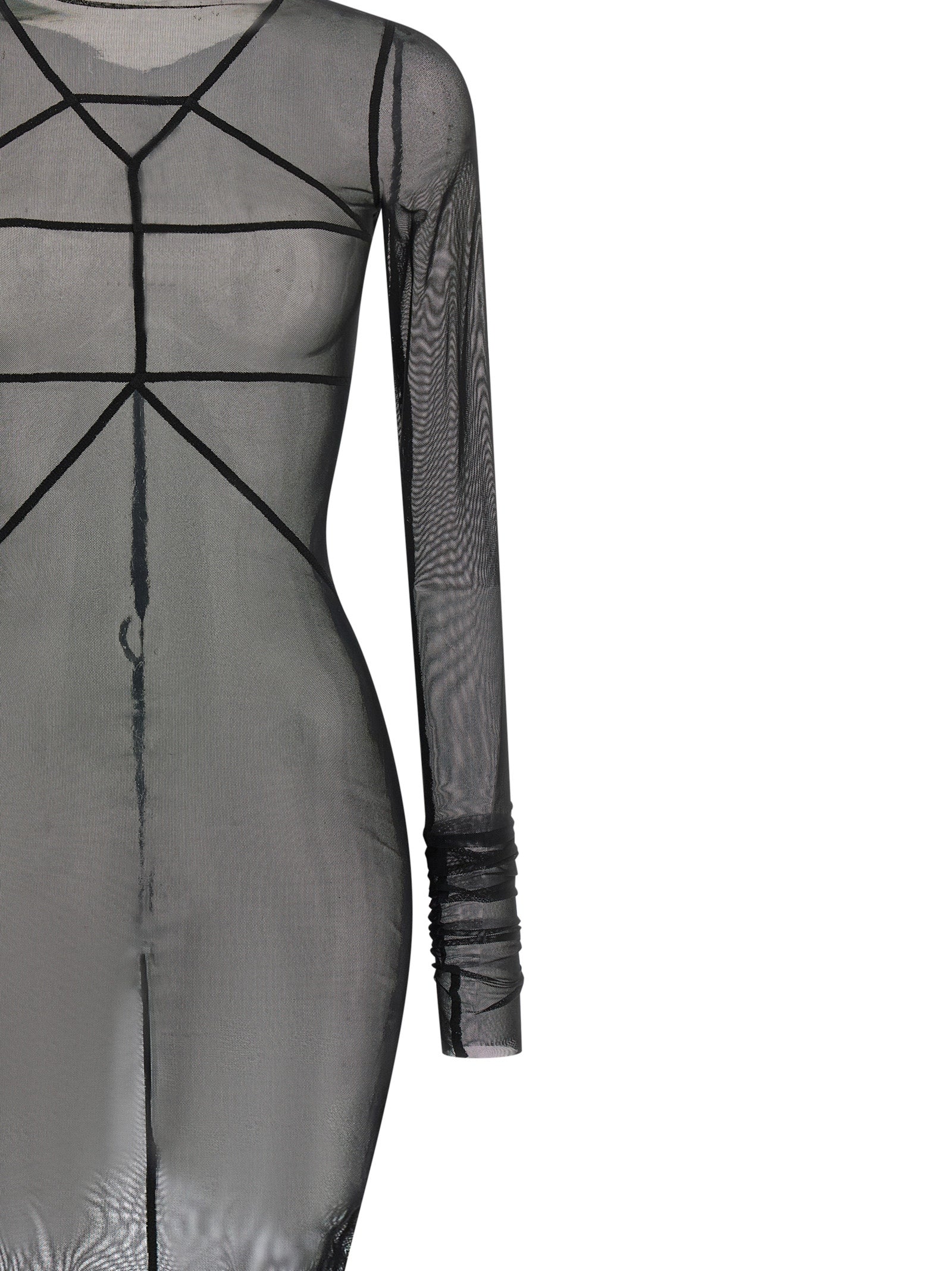 Dress by Rick Owens for women in stretch nylon black & transparent features an sultry silhouette defined by a boat neckline and , falling to an sultry maxi long for a sultry look.