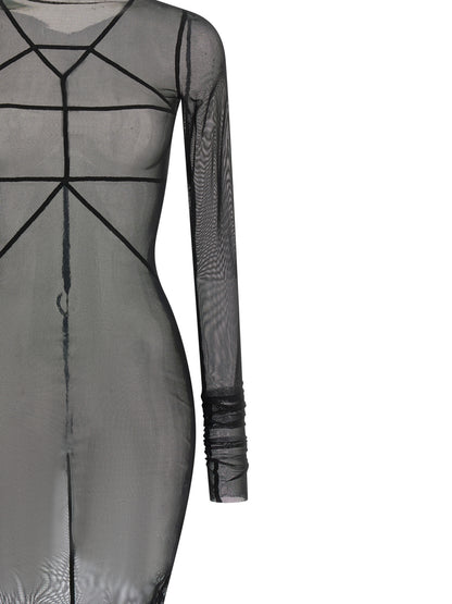 Dress by Rick Owens for women in stretch nylon black & transparent features an sultry silhouette defined by a boat neckline and , falling to an sultry maxi long for a sultry look.
