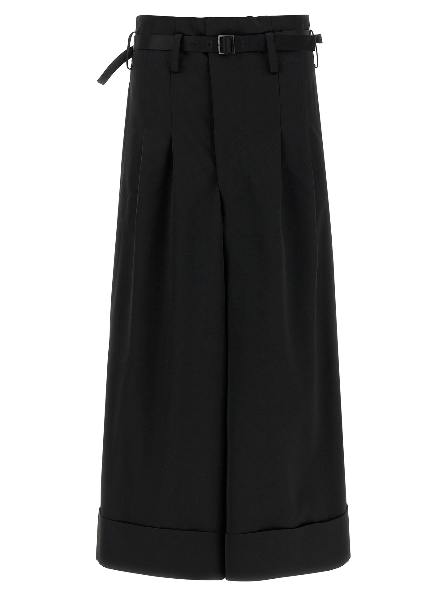 Trousers by Junya Watanabe for women in satin acetate wool black features a tailored silhouette with a tailored flared, wide & cropped, defined by its cropped and a sophisticated high rise.
