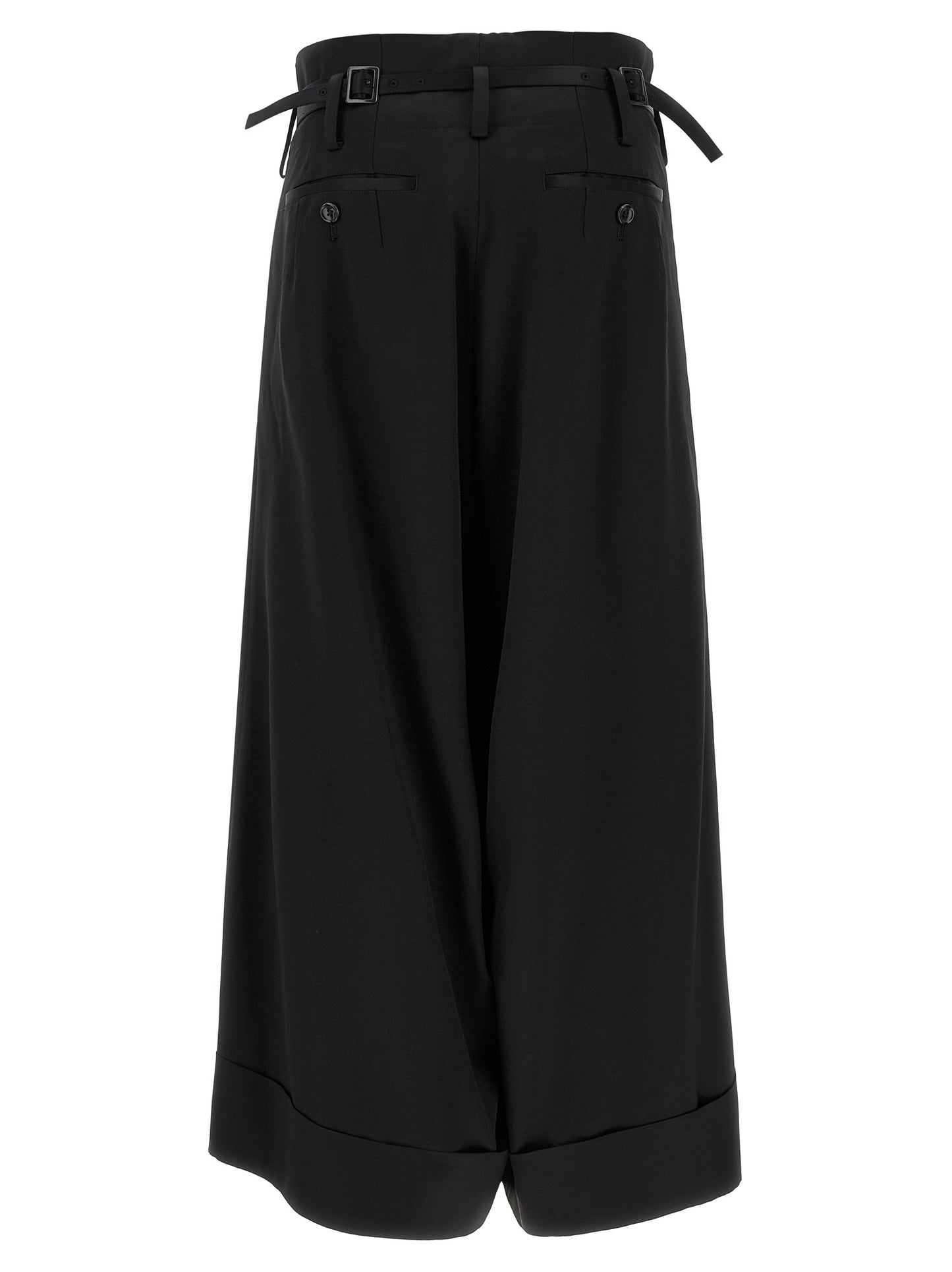 Trousers by Junya Watanabe for women in satin acetate wool black presents a smart silhouette, meticulously detailed with a smart flared, wide & cropped, a smart cropped, and a smart high rise.