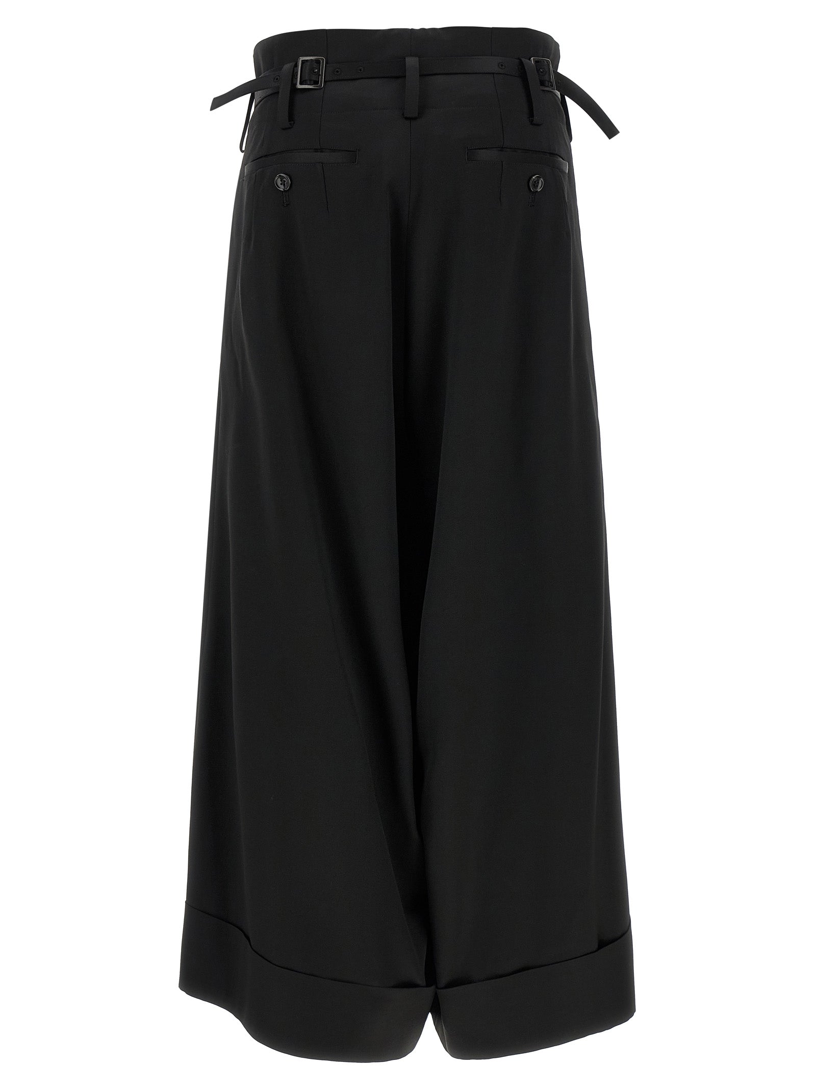 Trousers by Junya Watanabe for women in satin acetate wool black presents a smart silhouette, meticulously detailed with a smart flared, wide & cropped, a smart cropped, and a smart high rise.