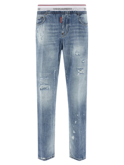 Jeans by Dsquared² for men in denim cotton blue & jacquard features a polished silhouette with a polished relaxed-fit, reaching a polished long and finished with a polished .