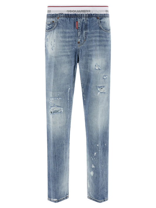 Jeans by Dsquared² for men in denim cotton blue & jacquard features a polished silhouette with a polished relaxed-fit, reaching a polished long and finished with a polished .