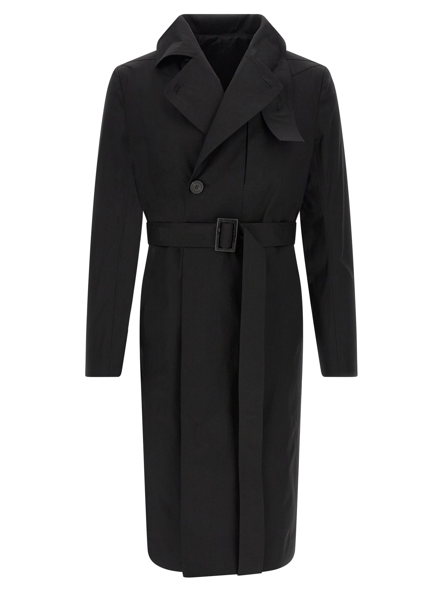 Trench Coat by Rick Owens for men in stretch cotton black presents a utilitarian silhouette, showcasing a utilitarian and sophisticated insulated for a truly utilitarian look.