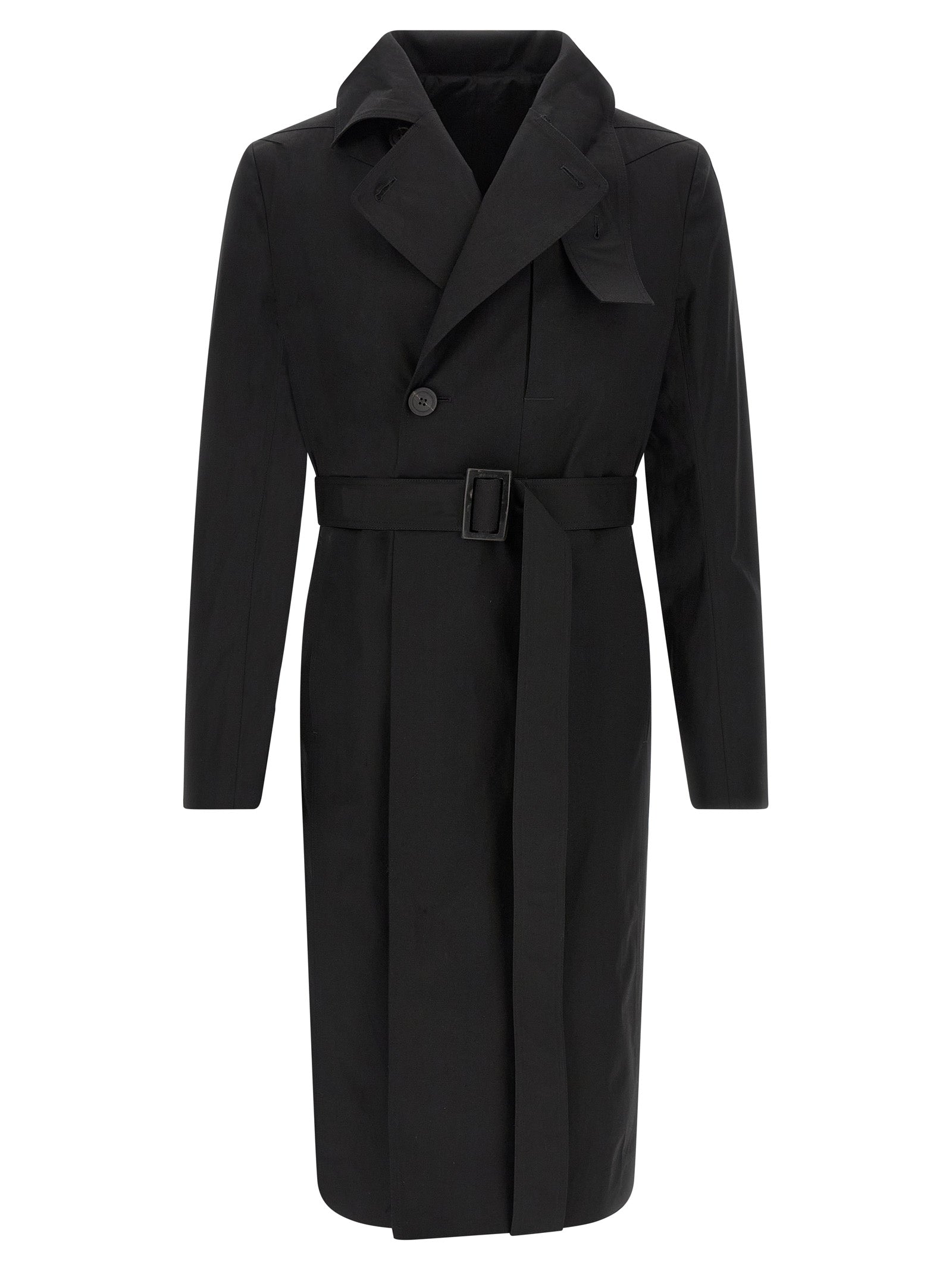 Trench Coat by Rick Owens for men in stretch cotton black presents a utilitarian silhouette, showcasing a utilitarian and sophisticated insulated for a truly utilitarian look.