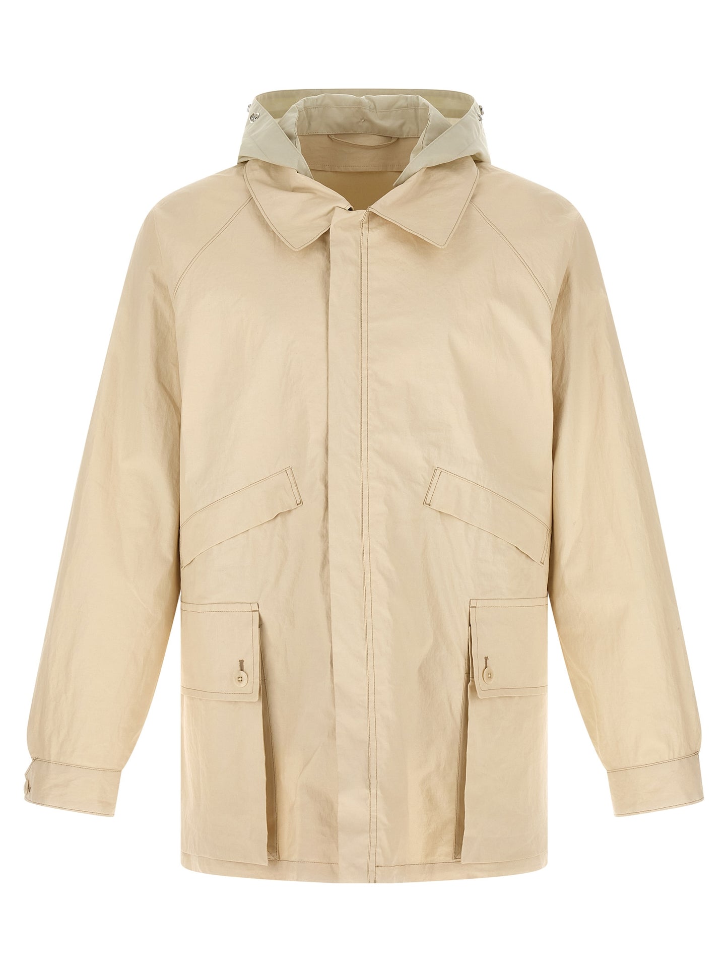 Hooded Windbreaker Jacket by Lemaire for men in polyurethane linen & cotton beige features an enduring silhouette, showcasing technical water-resistant, pockets, hooded & windproof and a sophisticated hooded shirt-collar neckline for a truly enduring aesthetic.