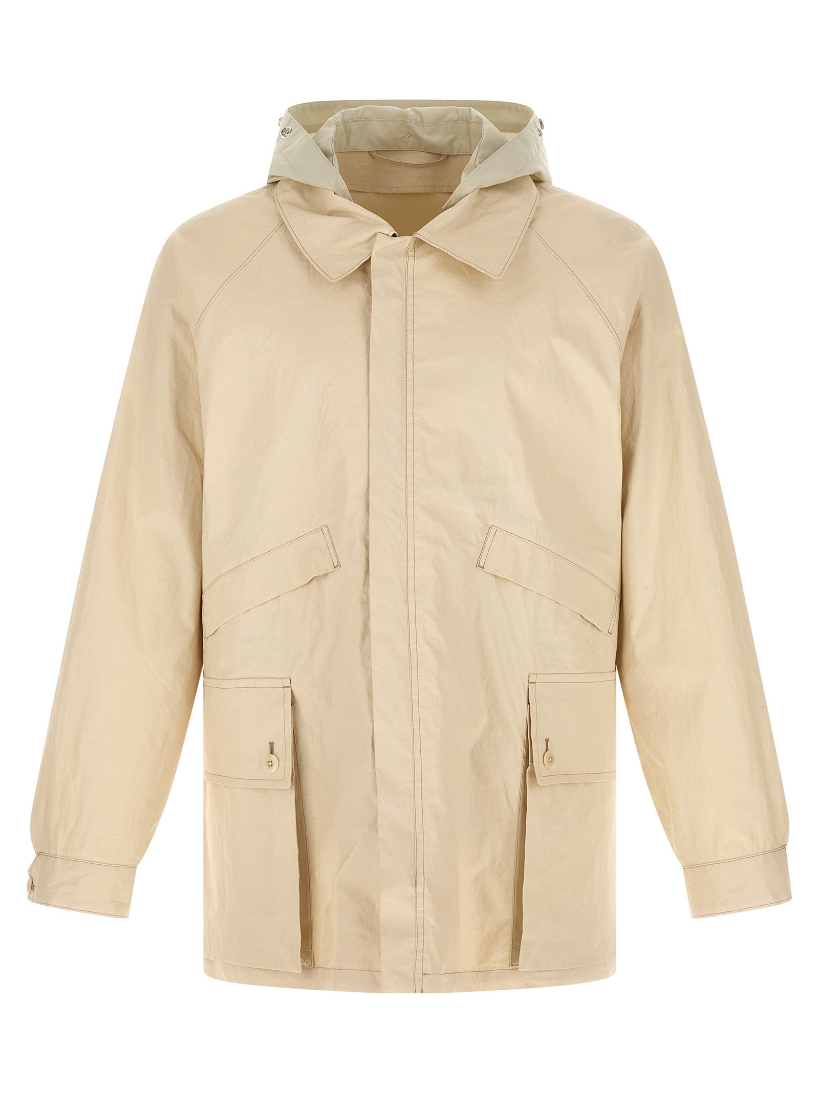 Hooded Windbreaker Jacket by Lemaire for men in polyurethane linen & cotton beige features an enduring silhouette, showcasing technical water-resistant, pockets, hooded & windproof and a sophisticated hooded shirt-collar neckline for a truly enduring aesthetic.