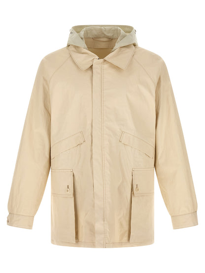 Hooded Windbreaker Jacket by Lemaire for men in polyurethane linen & cotton beige features an enduring silhouette, showcasing technical water-resistant, pockets, hooded & windproof and a sophisticated hooded shirt-collar neckline for a truly enduring aesthetic.