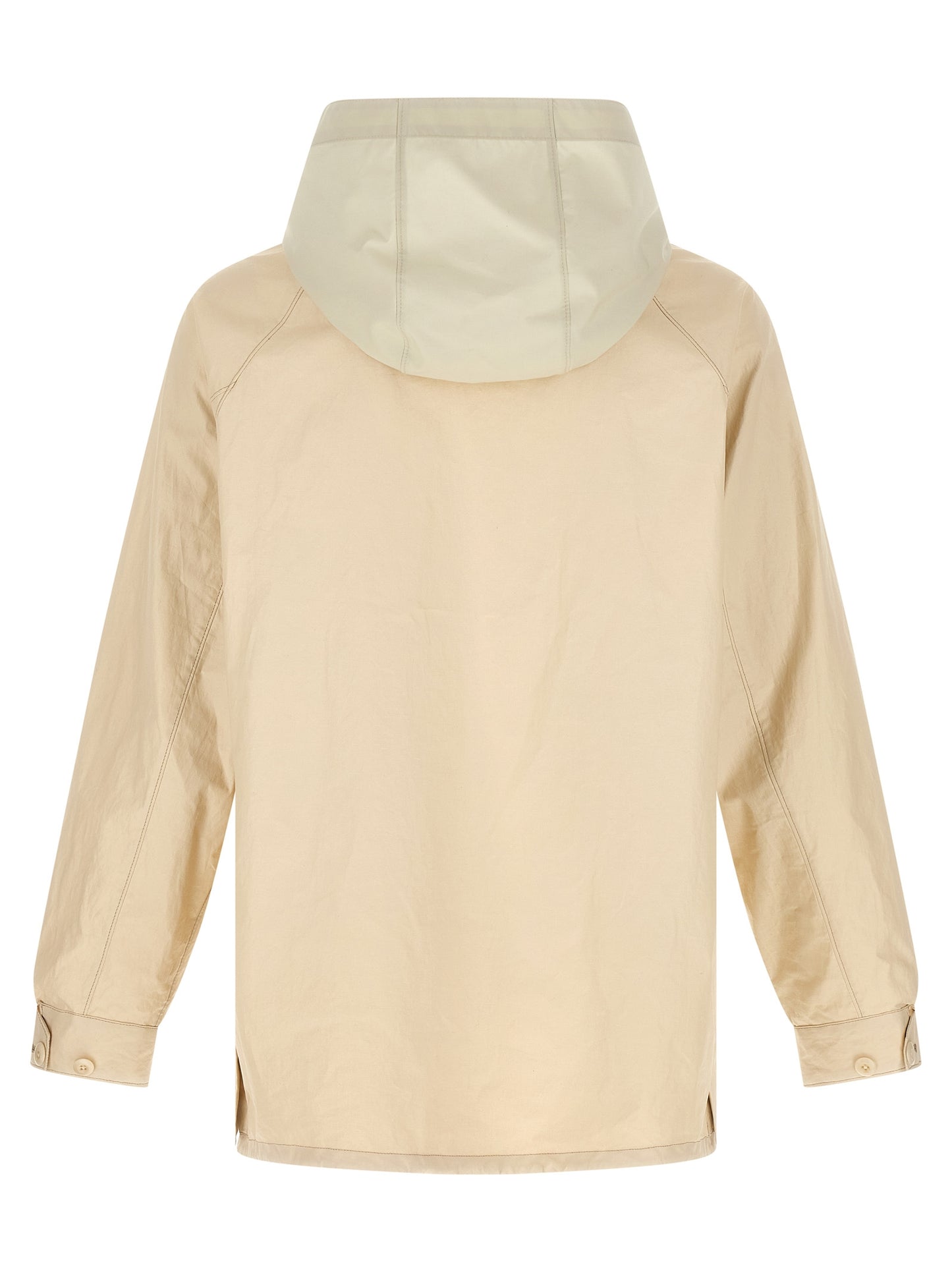 Hooded Windbreaker Jacket by Lemaire for men in polyurethane linen & cotton beige features an perennial silhouette with a refined hooded shirt-collar neckline and perennial water-resistant, pockets, hooded & windproof for a sophisticated weather-resistant look.