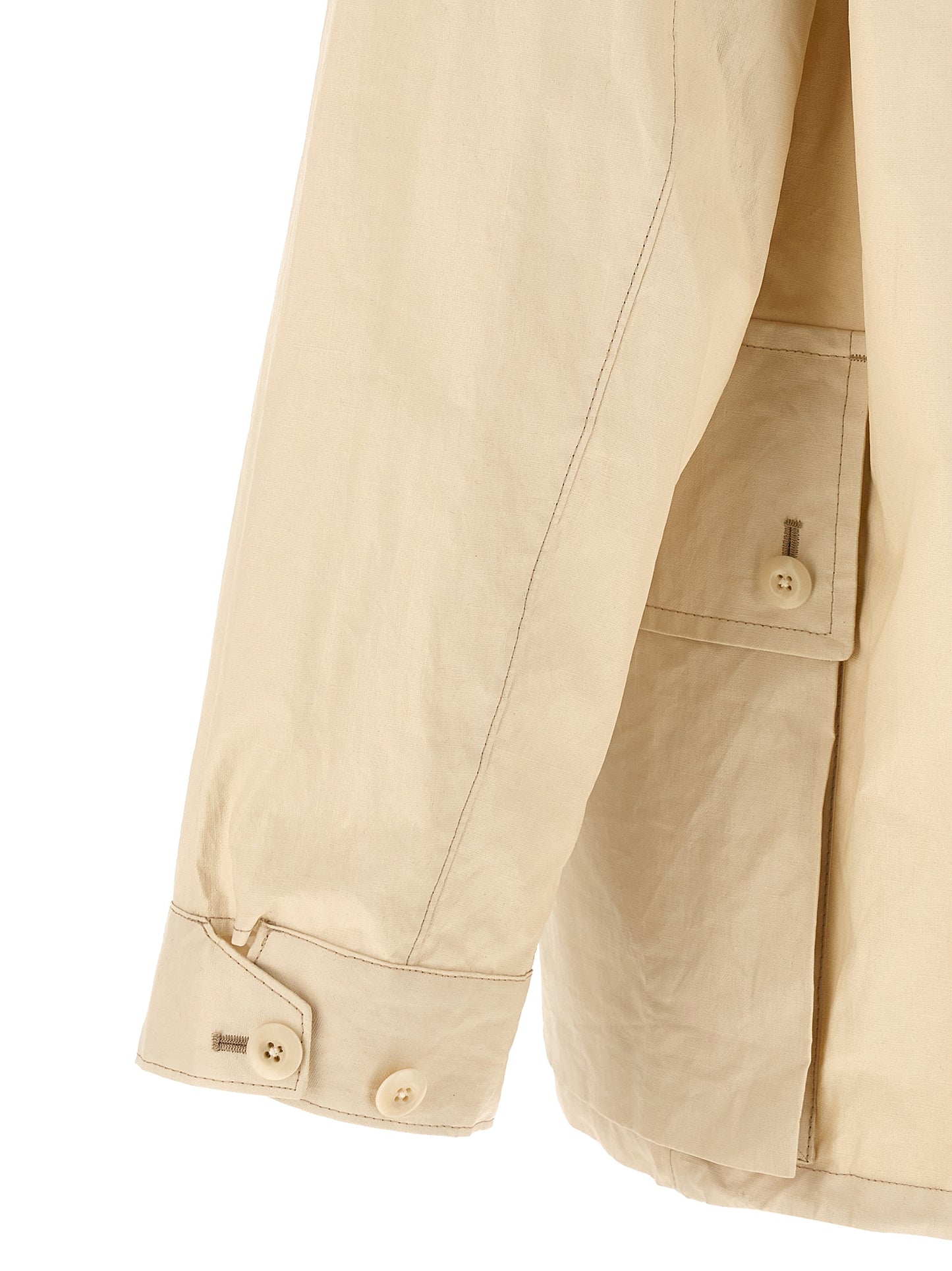 Hooded Windbreaker Jacket by Lemaire for men in polyurethane linen & cotton beige showcases a modern silhouette, integrating water-resistant, pockets, hooded & windproof and a modern for a sophisticated finish.