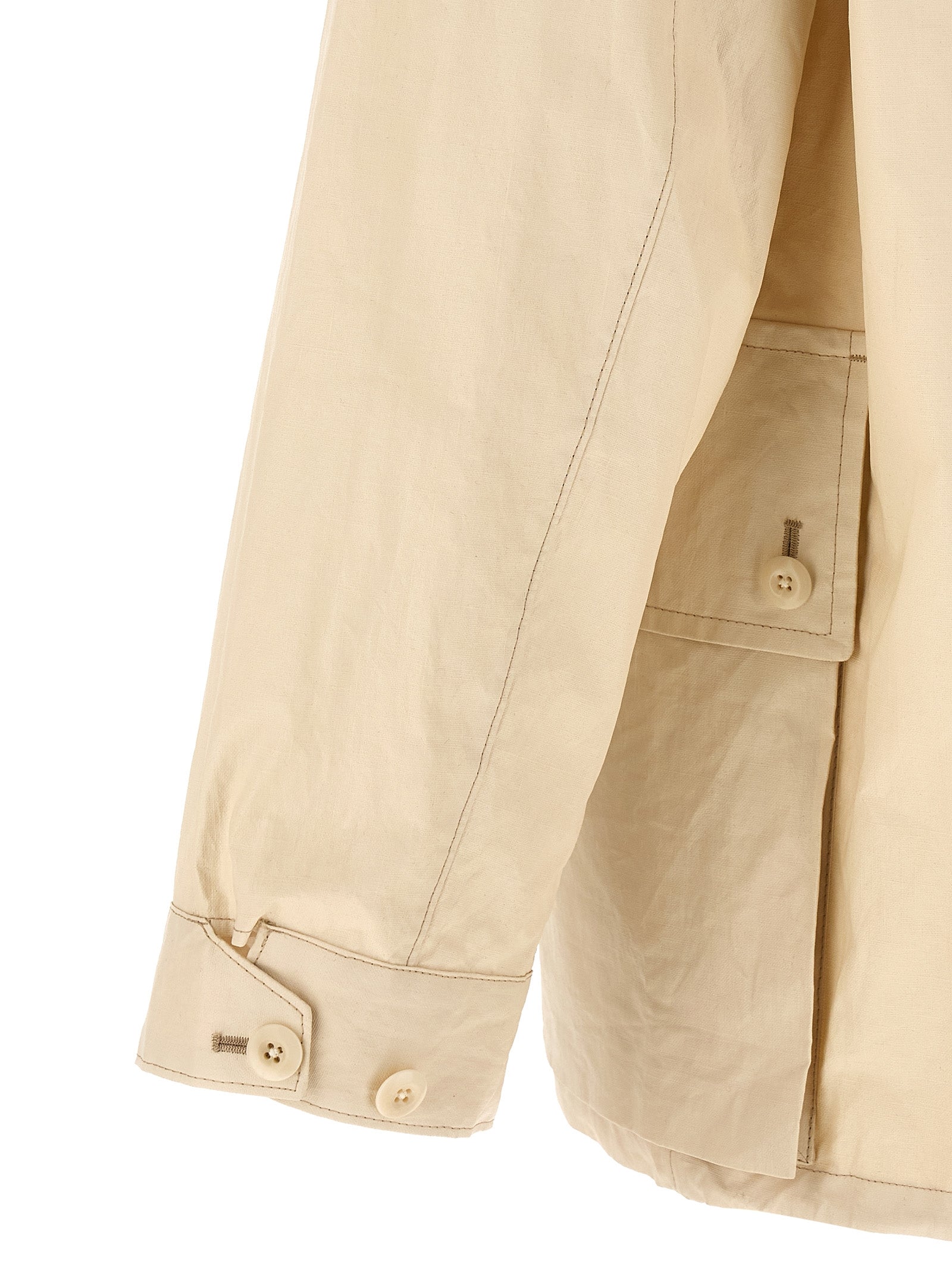 Hooded Windbreaker Jacket by Lemaire for men in polyurethane linen & cotton beige showcases a modern silhouette, integrating water-resistant, pockets, hooded & windproof and a modern for a sophisticated finish.