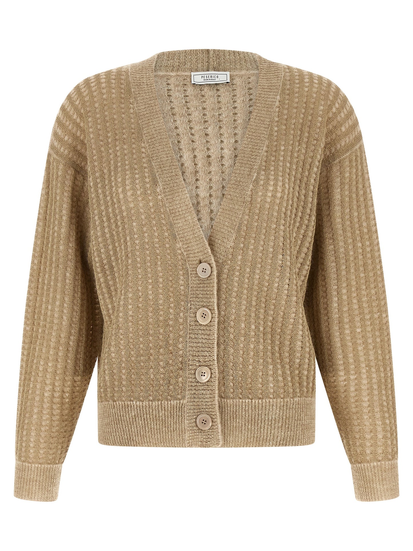 Cardigan by Peserico for women in virgin alpaca wool polyester & polyamide beige features an impeccable silhouette, showcasing a sophisticated v-neck neckline and long-sleeve detail for a truly impeccable finish.