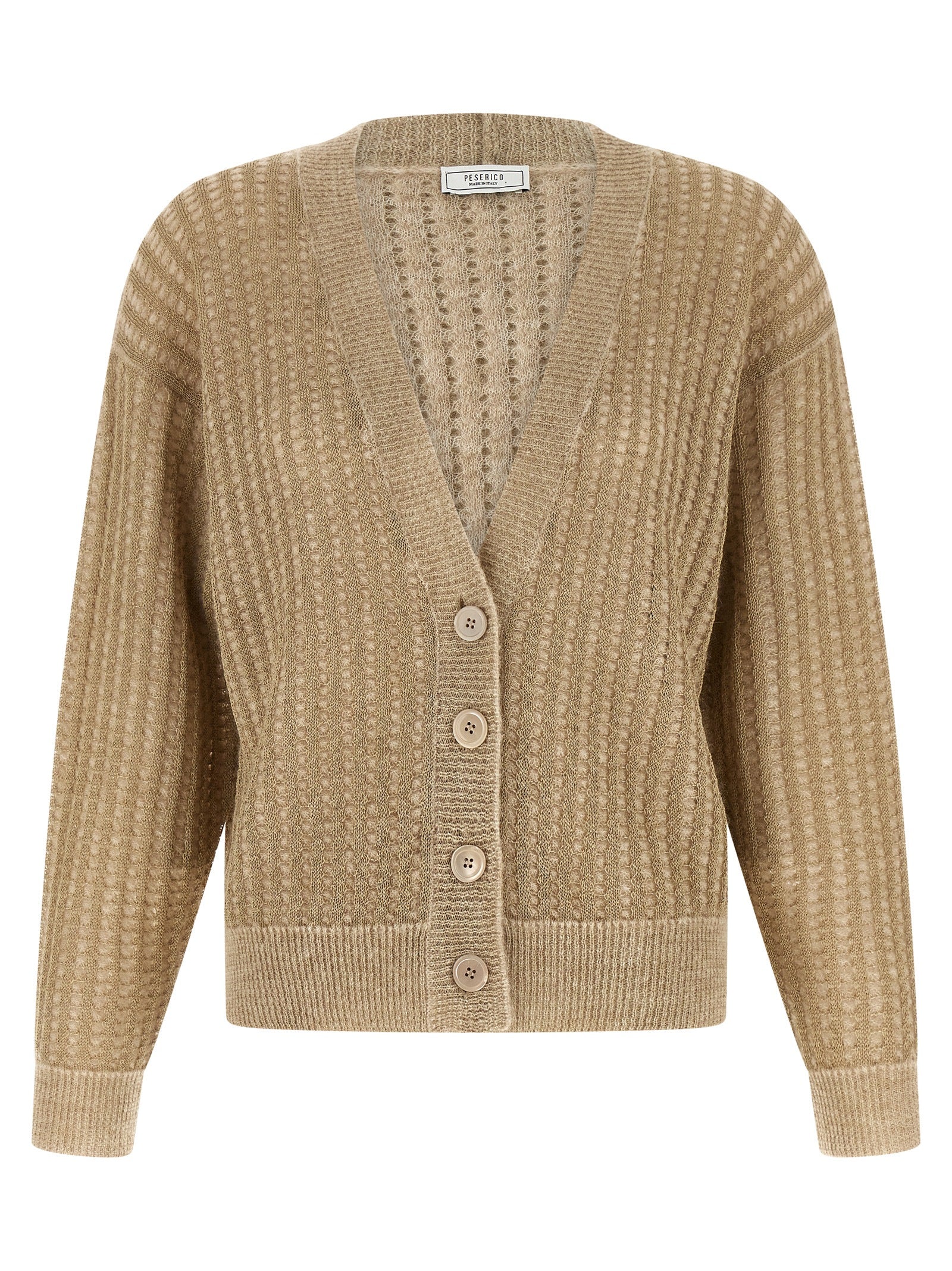 Cardigan by Peserico for women in virgin alpaca wool polyester & polyamide beige features an impeccable silhouette, showcasing a sophisticated v-neck neckline and long-sleeve detail for a truly impeccable finish.