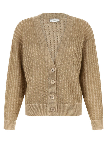 Cardigan by Peserico for women in virgin alpaca wool polyester & polyamide beige features an impeccable silhouette, showcasing a sophisticated v-neck neckline and long-sleeve detail for a truly impeccable finish.