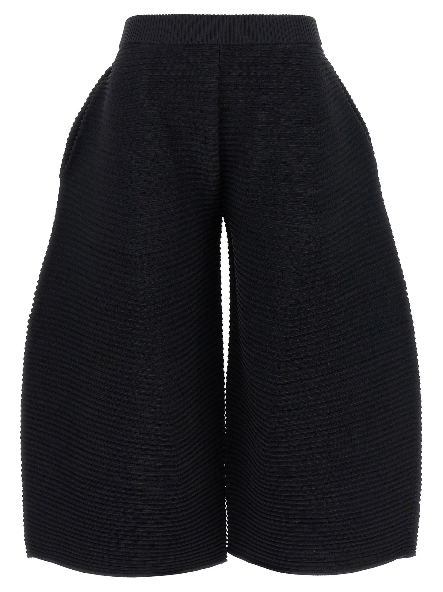 Trousers by Issey Miyake for women in polyester & nylon black features a artisanal silhouette, showcasing a sophisticated wide & cropped with a cropped and for a artisanal finish.