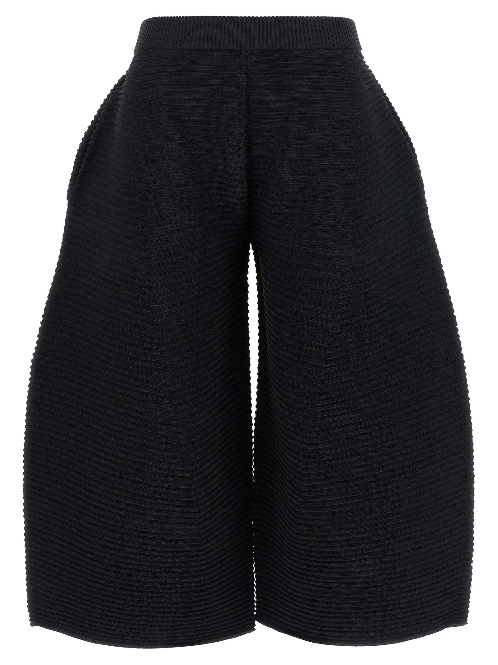 Trousers by Issey Miyake for women in polyester & nylon black features a artisanal silhouette, showcasing a sophisticated wide & cropped with a cropped and for a artisanal finish.