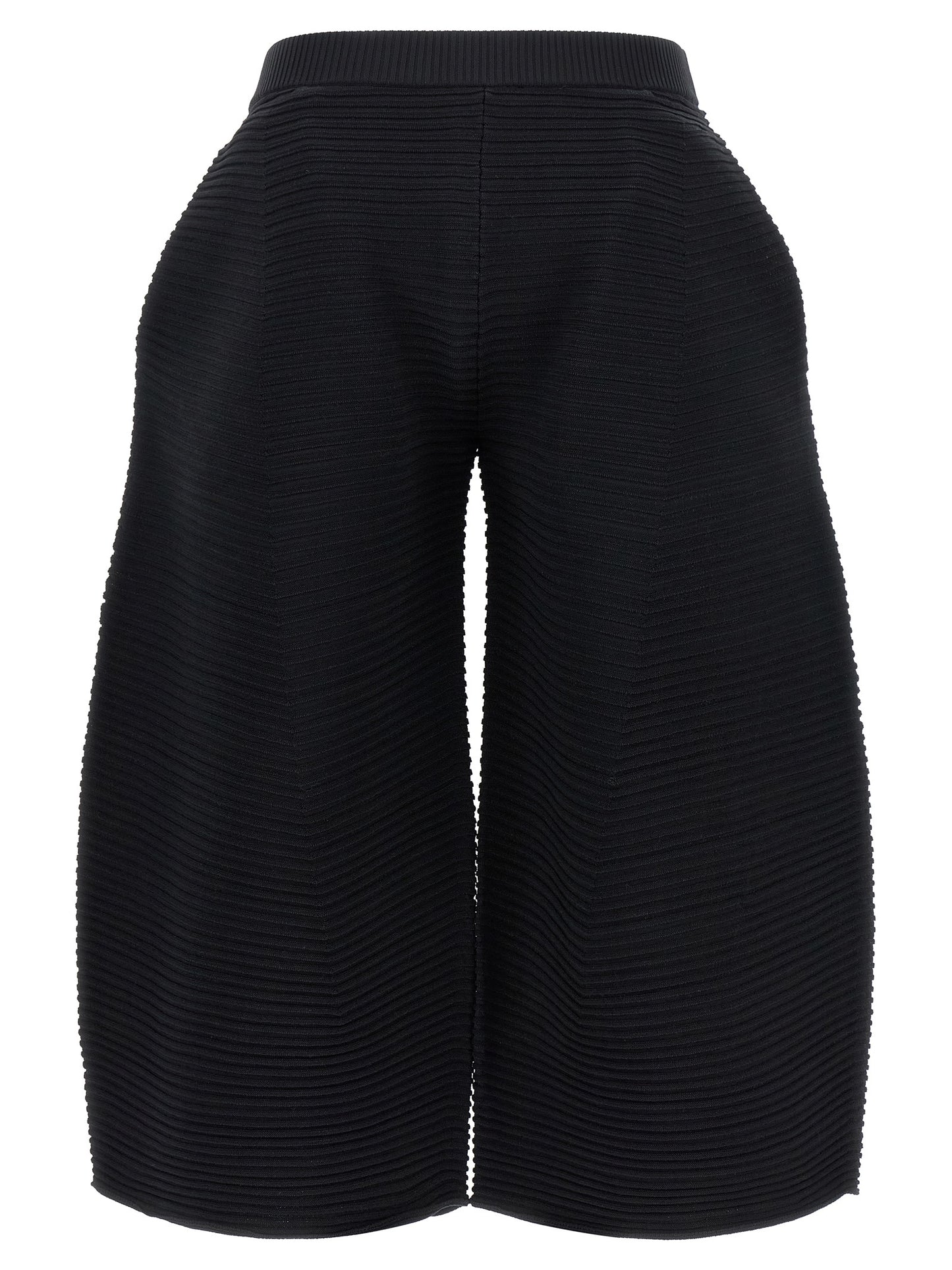 Trousers by Issey Miyake for women in polyester & nylon black features a sculptural silhouette, showcasing a sculptural wide & cropped and cropped with a sophisticated for a sculptural finish.