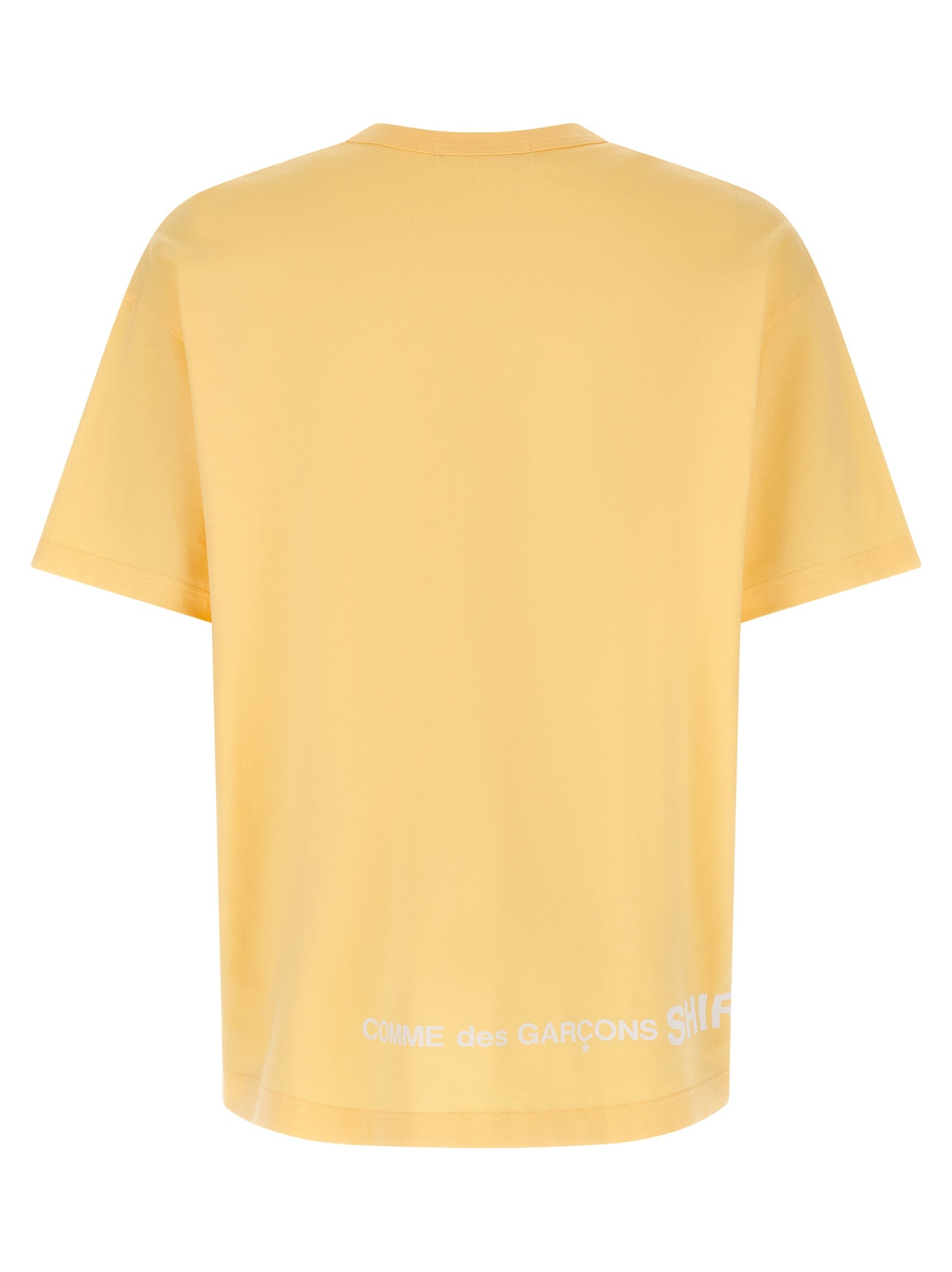 T-Shirt by Comme Des Garçons for men in cotton orange & print showcases a fashionable silhouette, elegantly detailed with a fashionable and crew neckline for a sophisticated, high-fashion look.