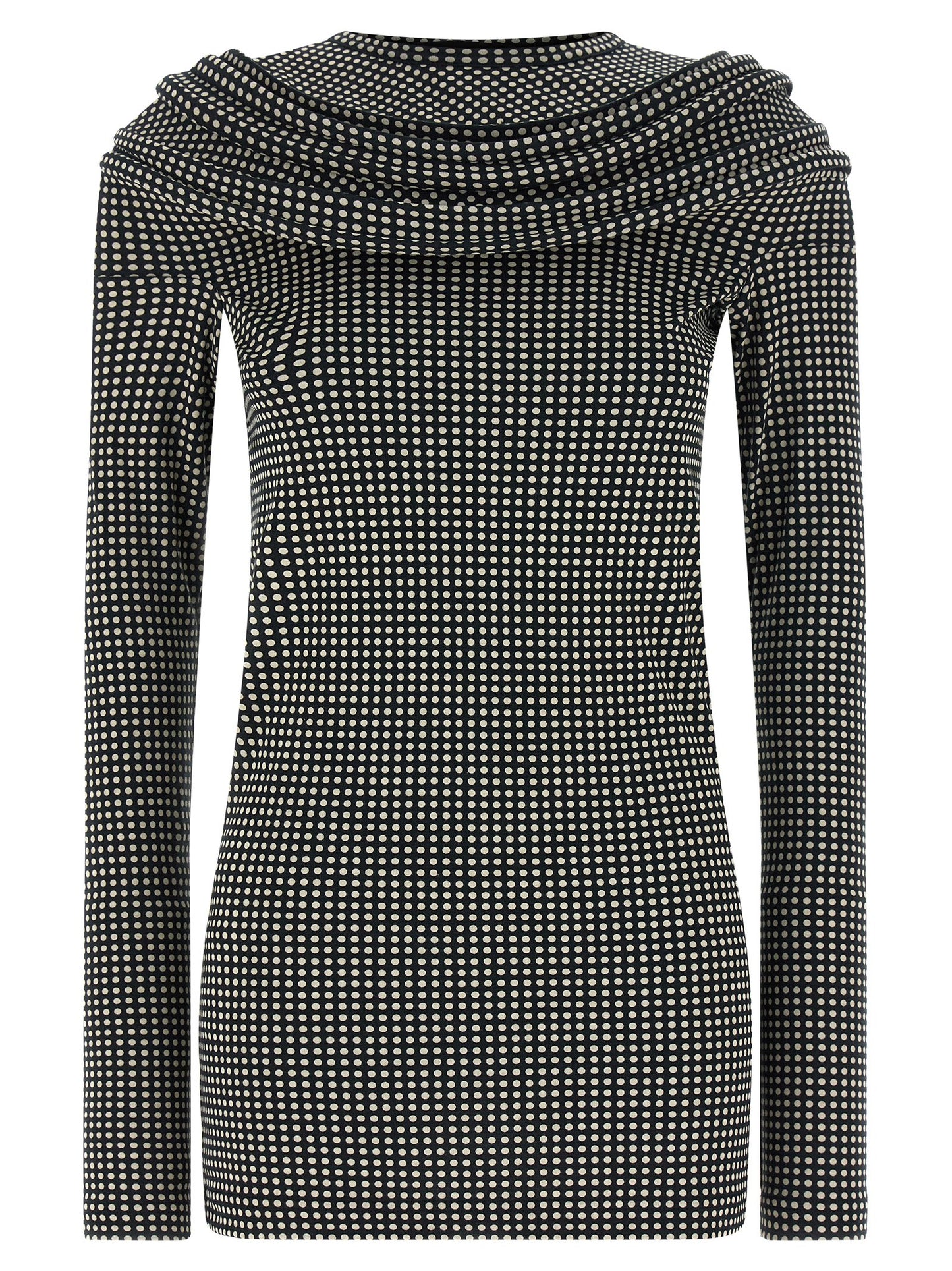 Dress by Junya Watanabe for women in cotton bicolour, black, white & patterned showcases a striking silhouette, elegantly detailed with a long-sleeve, refined crew neckline, and a striking short mini for a striking finish.