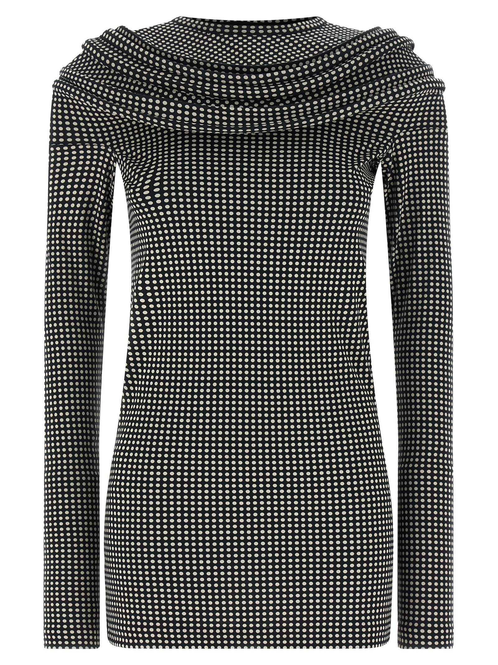 Dress by Junya Watanabe for women in cotton bicolour, black, white & patterned showcases a striking silhouette, elegantly detailed with a long-sleeve, refined crew neckline, and a striking short mini for a striking finish.