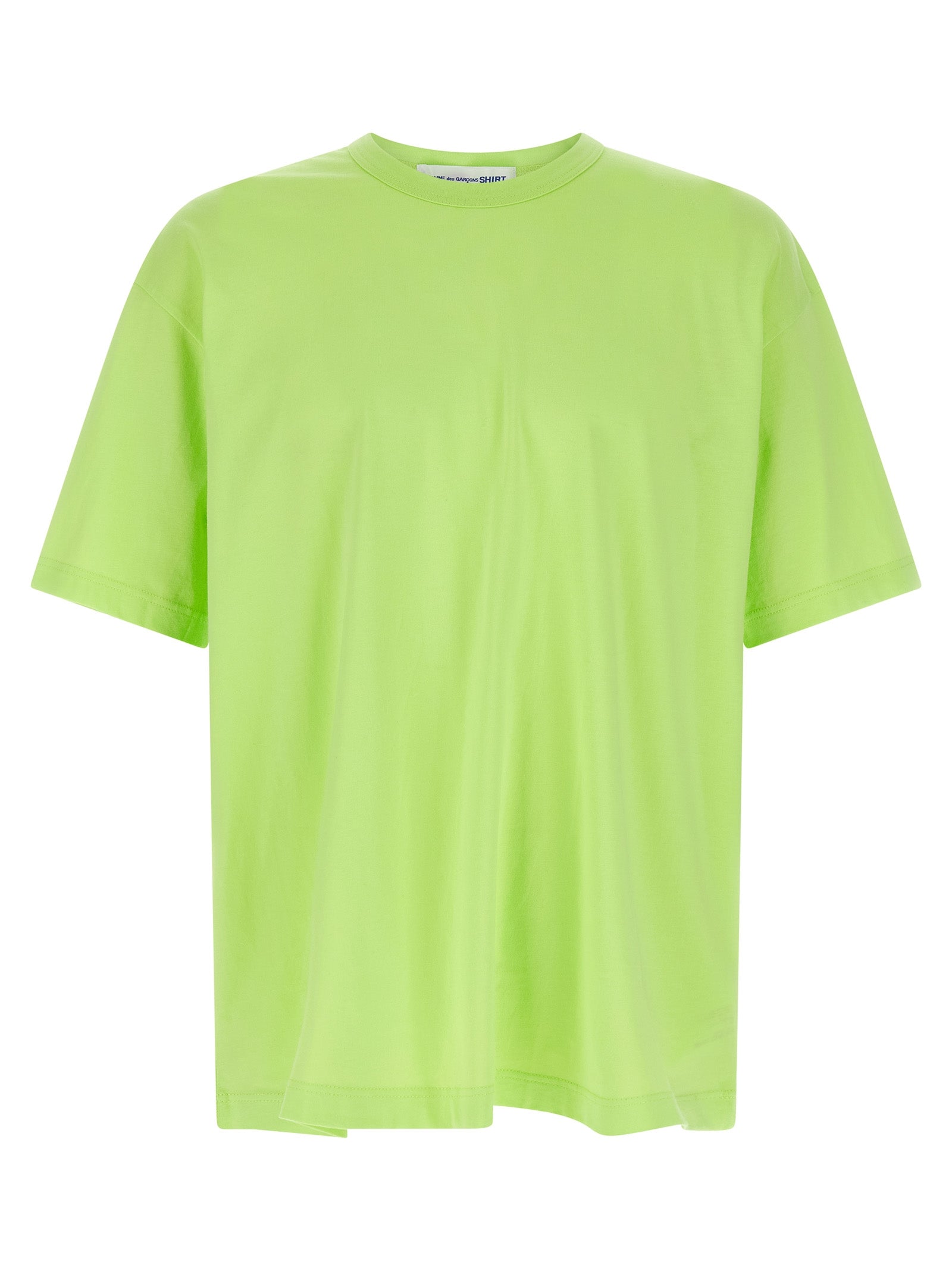 T-Shirt by Comme Des Garçons for men in cotton bicolour, green & print showcases a unassuming silhouette, artfully detailed with a refined crew neckline and unassuming short-sleeve for a sophisticated, contemporary look.