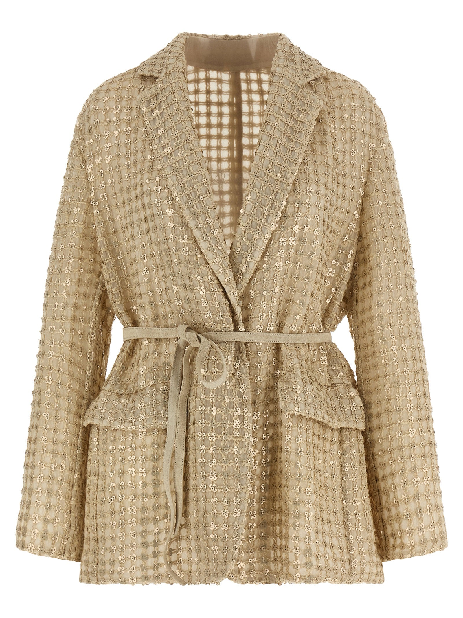 Blazer by Brunello Cucinelli for women in suede leather silk & sequins beige & patterned showcases a polished silhouette, highlighted by a refined lapel neckline and polished for a sophisticated finish.