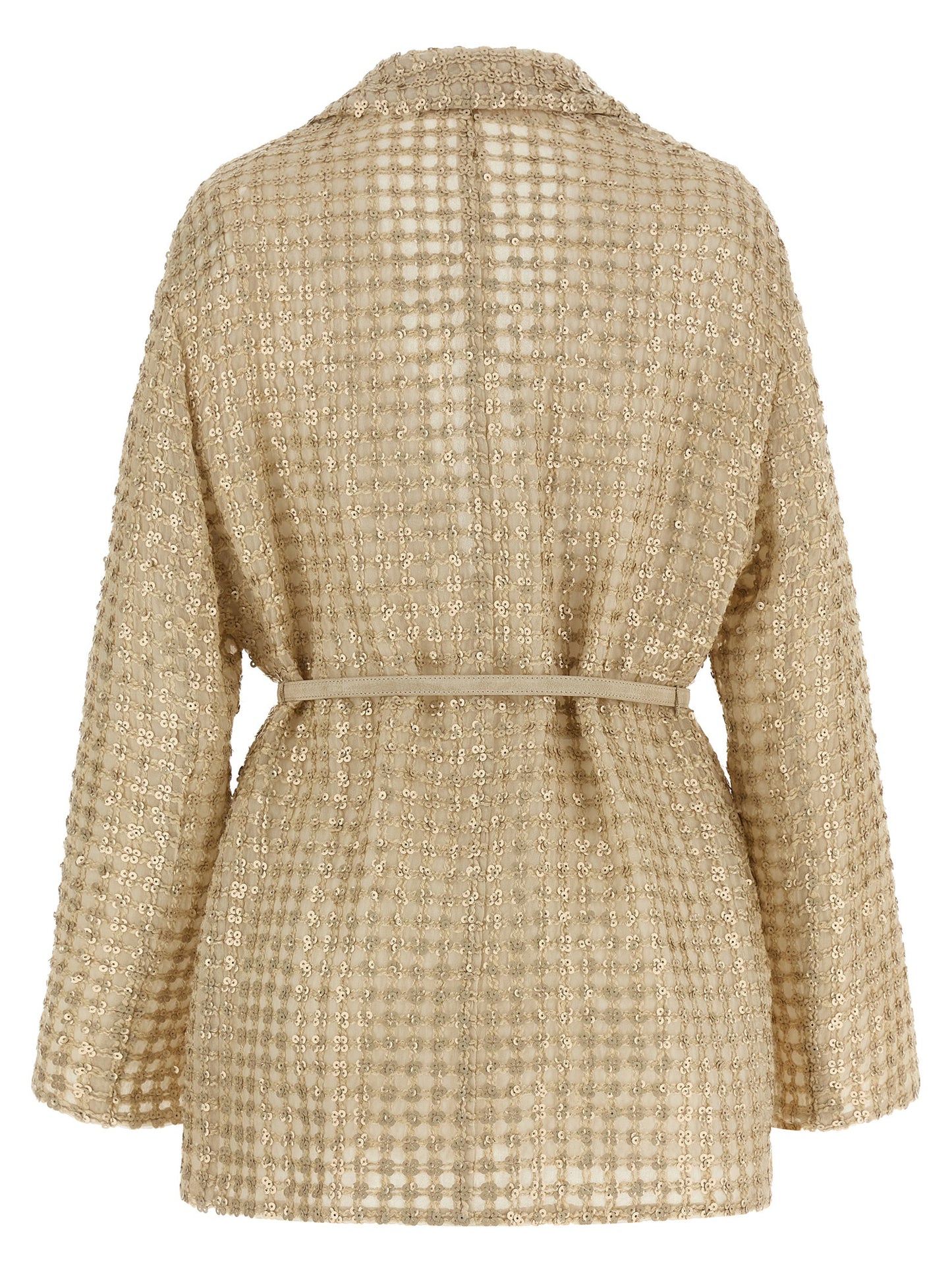 Blazer by Brunello Cucinelli for women in suede leather silk & sequins beige & patterned showcases a discerning silhouette, elegantly detailed with a sophisticated lapel neckline and premium for a truly discerning finish.