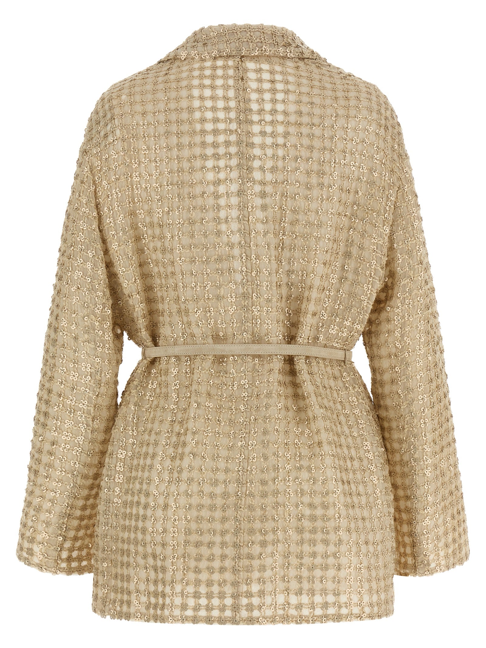 Blazer by Brunello Cucinelli for women in suede leather silk & sequins beige & patterned showcases a discerning silhouette, elegantly detailed with a sophisticated lapel neckline and premium for a truly discerning finish.