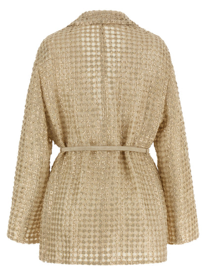 Blazer by Brunello Cucinelli for women in suede leather silk & sequins beige & patterned showcases a discerning silhouette, elegantly detailed with a sophisticated lapel neckline and premium for a truly discerning finish.