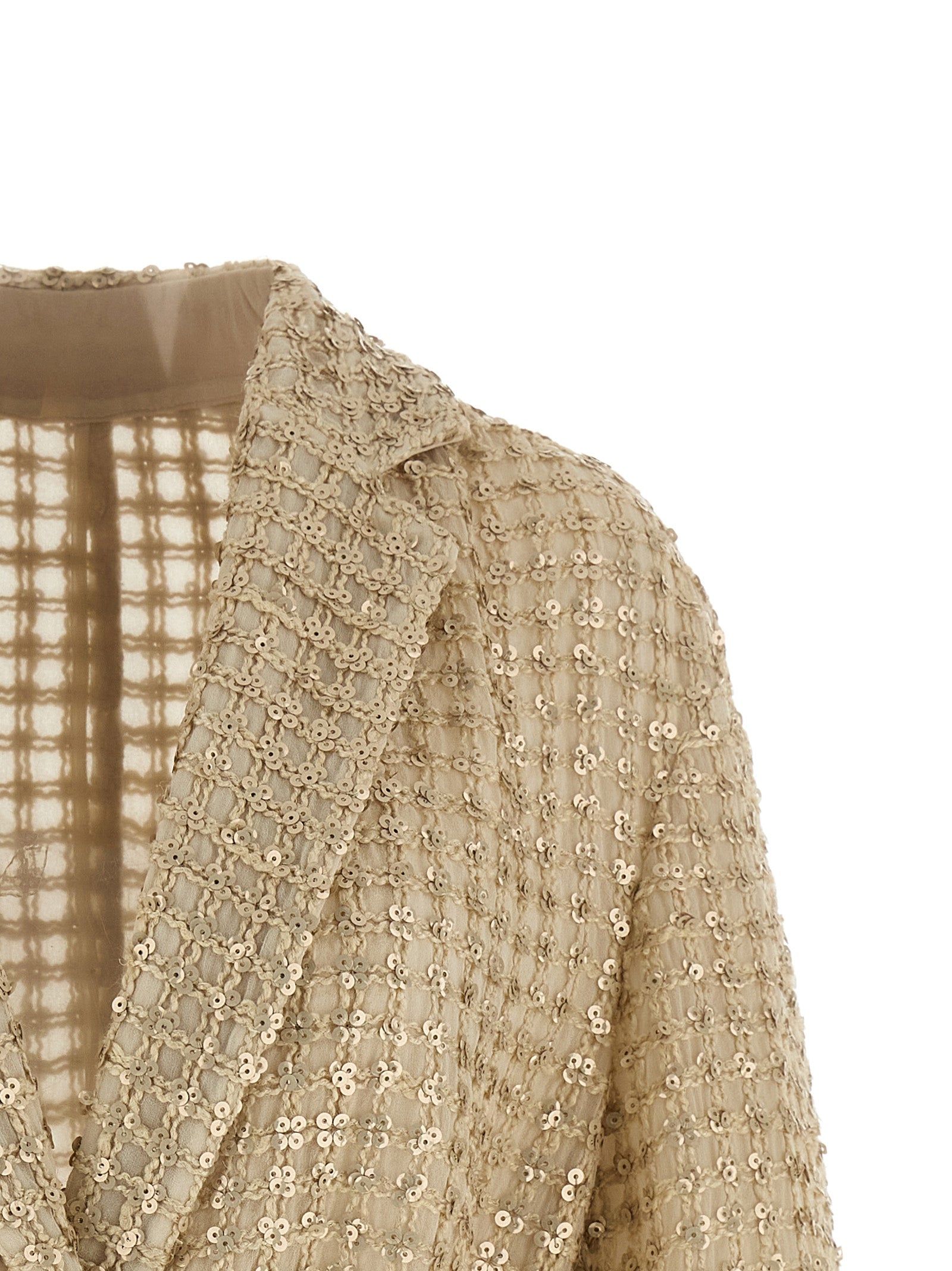 Blazer by Brunello Cucinelli for women in suede leather silk & sequins beige & patterned features an sartorial silhouette, showcasing a sophisticated lapel neckline and sartorial for a truly sartorial finish.
