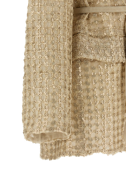 Blazer by Brunello Cucinelli for women in suede leather silk & sequins beige & patterned features an stylish silhouette, showcasing a sophisticated and stylish for a truly stylish finish.