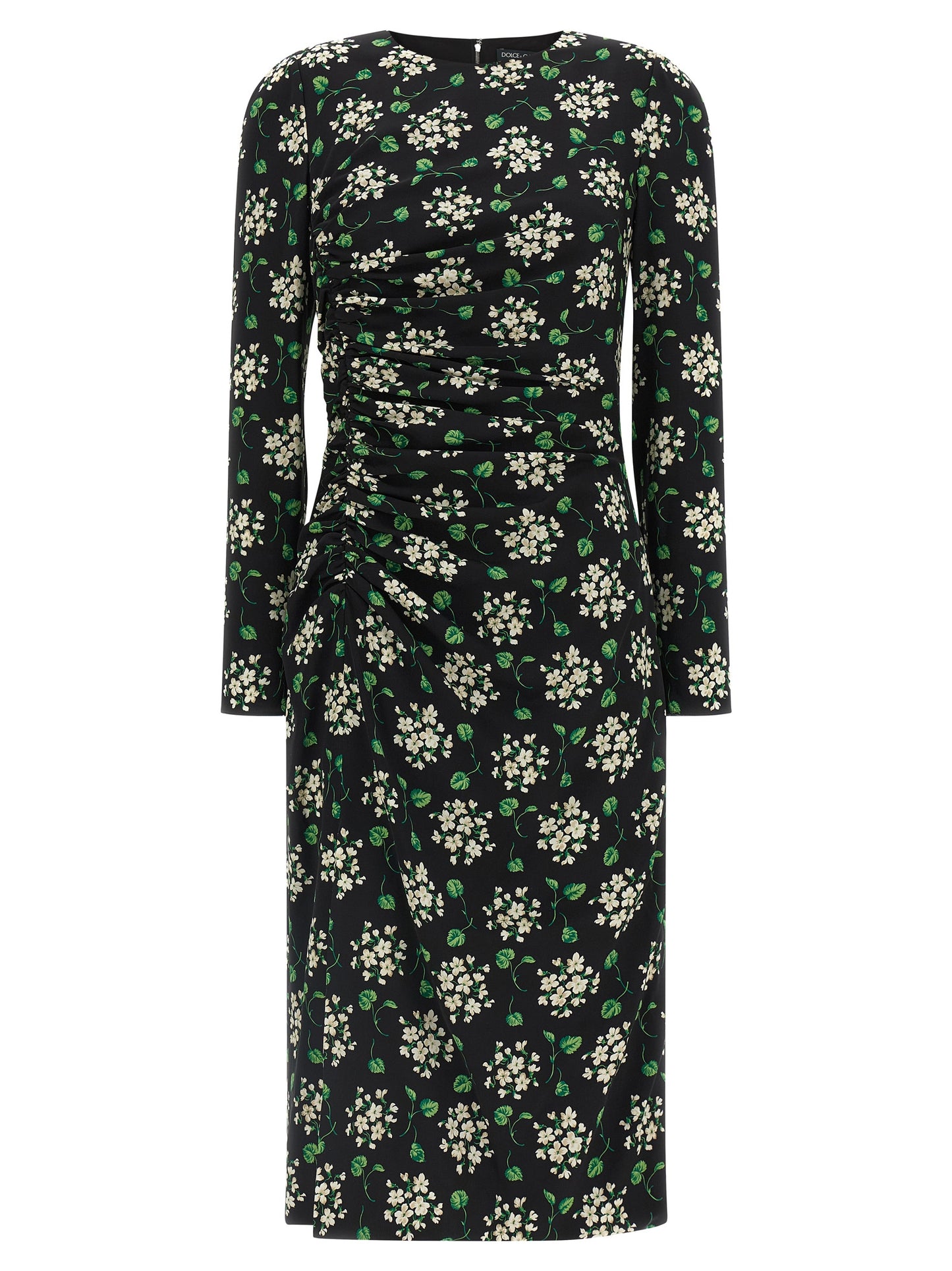 Dress by Dolce & Gabbana for women in synthetic silk black & print features an eye catching silhouette with a sophisticated crew split neckline, elegant long-sleeve, and a refined midi for a eye catching aesthetic.