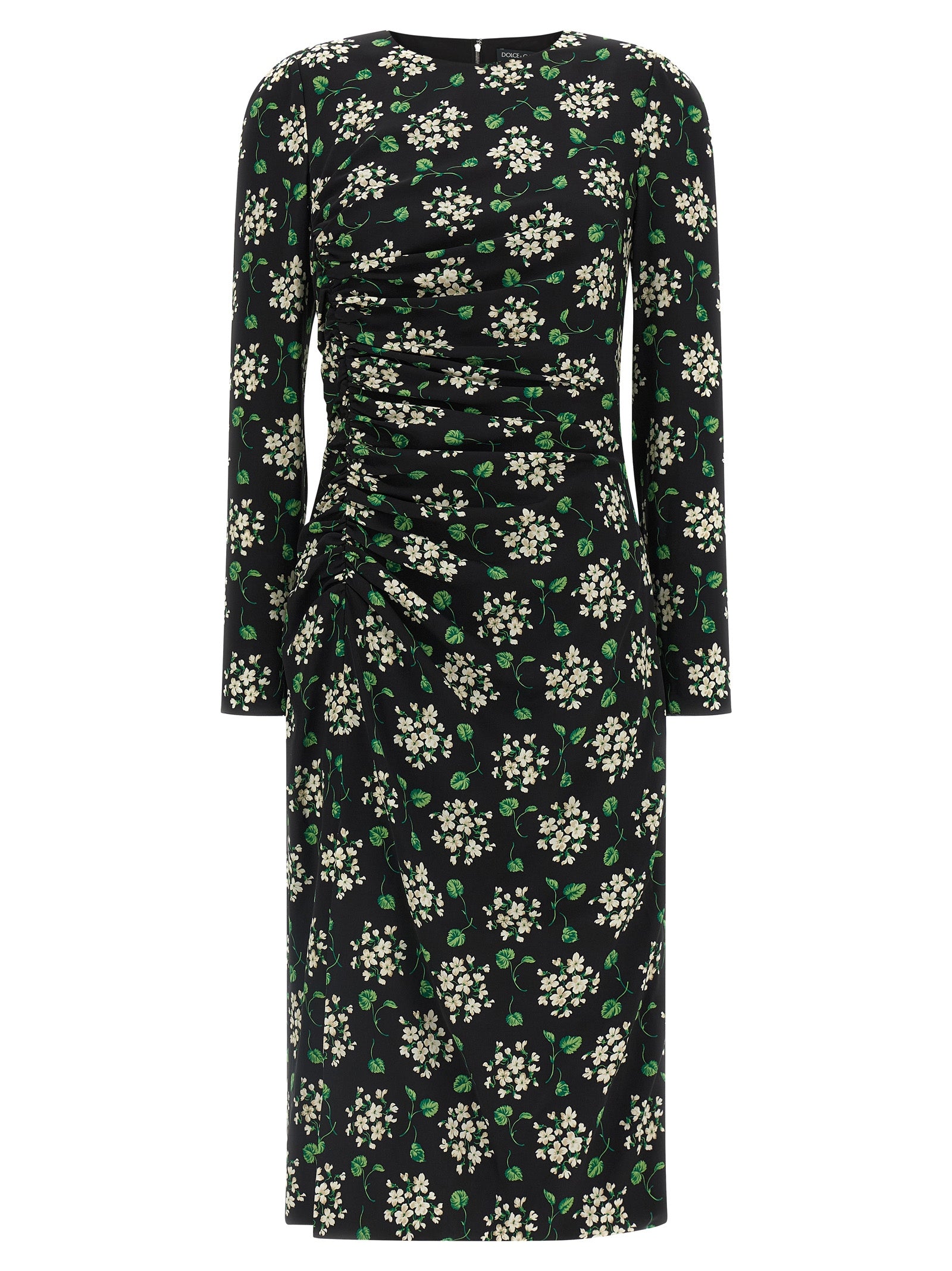 Dress by Dolce & Gabbana for women in synthetic silk black & print features an eye catching silhouette with a sophisticated crew split neckline, elegant long-sleeve, and a refined midi for a eye catching aesthetic.