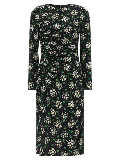 Dress by Dolce & Gabbana for women in synthetic silk black & print features an eye catching silhouette with a sophisticated crew split neckline, elegant long-sleeve, and a refined midi for a eye catching aesthetic.